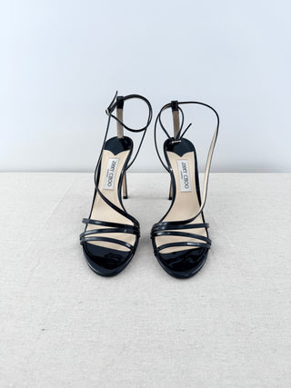 Jimmy Choo Tesca 100 Patent Leather Strappy Ankle Strap Sandals Black Size EU 41