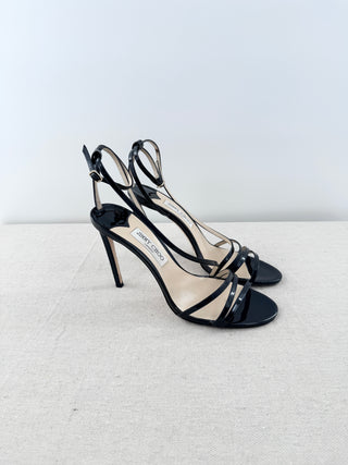 Jimmy Choo Tesca 100 Patent Leather Strappy Ankle Strap Sandals Black Size EU 41