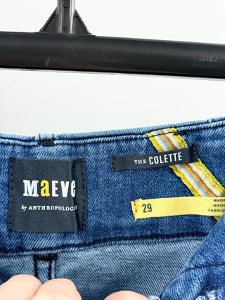 Maeve denim jeans featuring high-rise waist, statement front patch pockets, and relaxed wide leg, 29