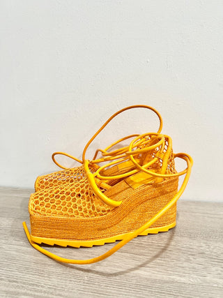 Bottega Veneta Sporty Web Raffia Wedge Platform Espadrilles Sandals Orange EU 34