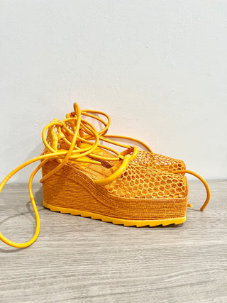 Bottega Veneta Sporty Web Raffia Wedge Platform Espadrilles Sandals Orange EU 34