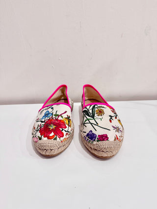 Gucci Flora Print Leather-Trimmed Canvas Espadrilles Shoes White Women's Size 39