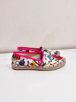 Gucci Flora Print Leather-Trimmed Canvas Espadrilles Shoes White Women's Size 39