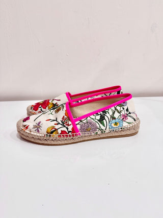Gucci Flora Print Leather-Trimmed Canvas Espadrilles Shoes White Women's Size 39
