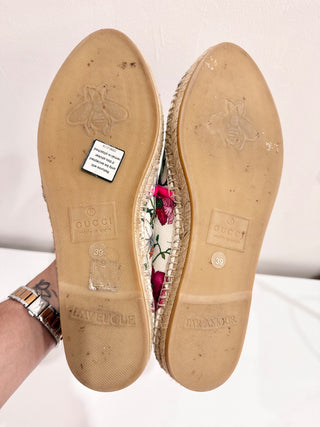 Gucci Flora Print Leather-Trimmed Canvas Espadrilles Shoes White Women's Size 39