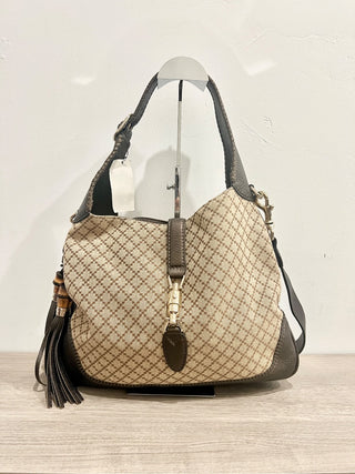 Gucci canvas and leather bamboo detail diamond print  bag