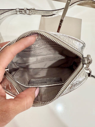 Michael Kors Jet Set Small Camera Crinkled-Leather Crossbody Bag Silver Women's