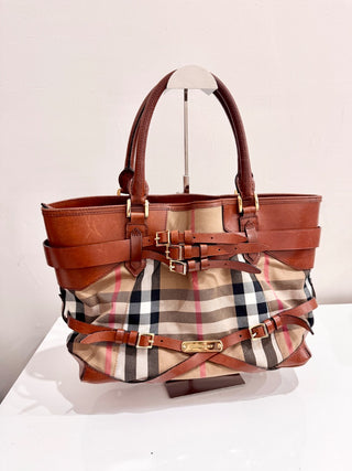 Burberry Leather Bridle House Check Canvas Lynher Tote Bag Brown Medium