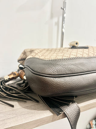 Gucci canvas and leather bamboo detail diamond print  bag