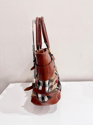 Burberry Leather Bridle House Check Canvas Lynher Tote Bag Brown Medium