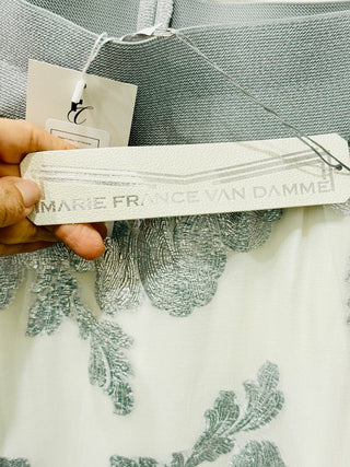NWT Marie France Van Damme Flower Sweep A-Line Midi Skirt White/Silver 3 / Large