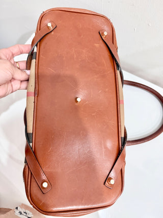 Burberry Leather Bridle House Check Canvas Lynher Tote Bag Brown Medium