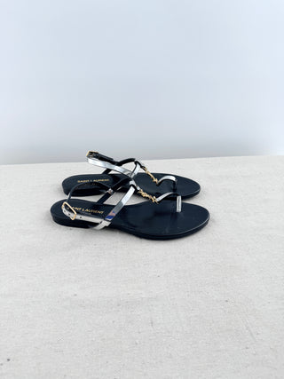Saint Laurent cassandra patent leather with YSL logo thong sandals, 36.5