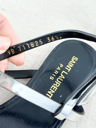 Saint Laurent cassandra patent leather with YSL logo thong sandals, 36.5