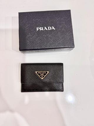 PRADA Flap Moiré Saffiano Leather Card Holder Black Unisex