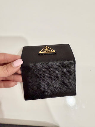 PRADA Flap Moiré Saffiano Leather Card Holder Black Unisex