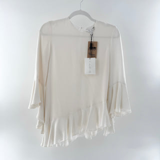 NWT Alexis 100% Silk Asymmetrical Ruffle Hem Bell Sleeves Blouse Cream Womens XS