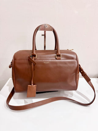 Saint Laurent Calfskin Leather Boston Classic Duffle Bag Cognac Brown Women's