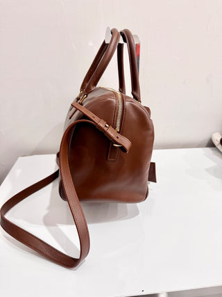 Saint Laurent Calfskin Leather Boston Classic Duffle Bag Cognac Brown Women's