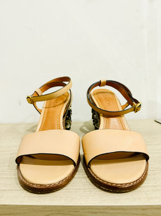 Coach Tea Rose Leather Floral Embellishment Block Heel Sandals Beige Women's 9.5