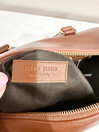 Saint Laurent Calfskin Leather Boston Classic Duffle Bag Cognac Brown Women's