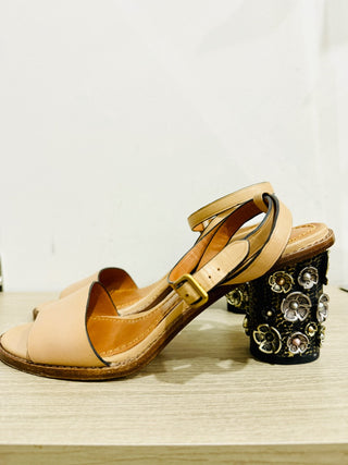Coach Tea Rose Leather Floral Embellishment Block Heel Sandals Beige Women's 9.5