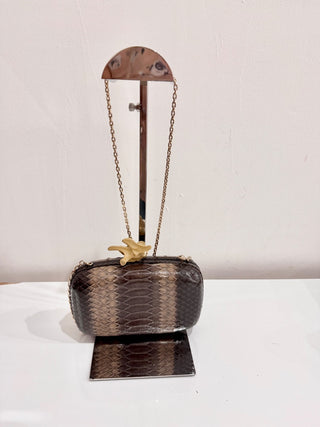 Givenchy Snakeskin Leather Gold-Tone Chain Strap Snap Clutch Bag Brown