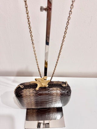 Givenchy Snakeskin Leather Gold-Tone Chain Strap Snap Clutch Bag Brown
