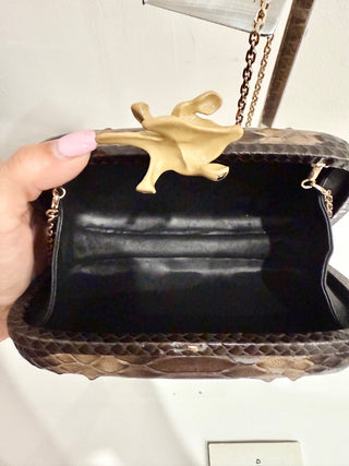 Givenchy Snakeskin Leather Gold-Tone Chain Strap Snap Clutch Bag Brown