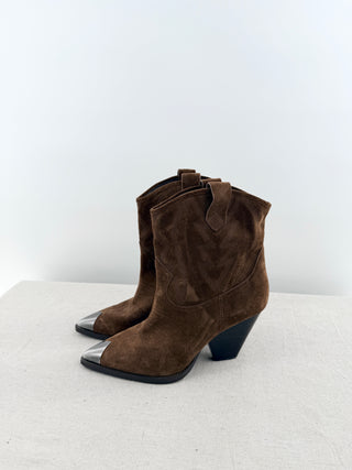 Lola Cruz western-inspired ankle boots crafted in suede featuring classic cowboy stitching, pull tabs, and a stacked block heel, 10