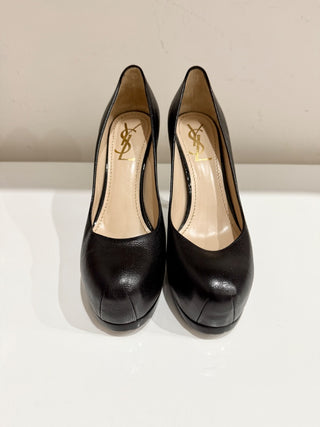 YSL Yves Saint Laurent Tribtoo Leather 80 Pump Heels Shoes Black Women's EU 37