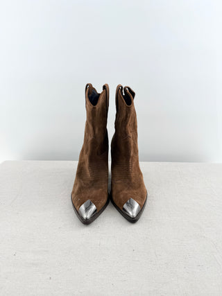 Lola Cruz western-inspired ankle boots crafted in suede featuring classic cowboy stitching, pull tabs, and a stacked block heel, 10