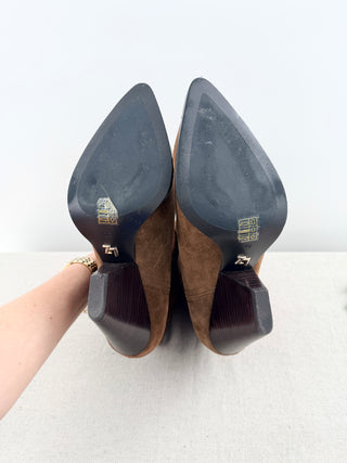 Lola Cruz western-inspired ankle boots crafted in suede featuring classic cowboy stitching, pull tabs, and a stacked block heel, 10