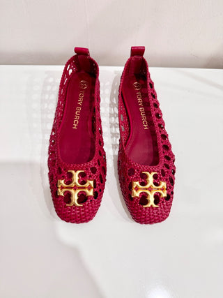 Tory Burch Eleanor Woven Leather Square Toe Ballet Flat Shoes Red Women's Size 9