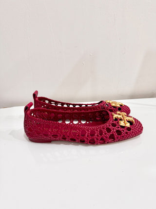 Tory Burch Eleanor Woven Leather Square Toe Ballet Flat Shoes Red Women's Size 9