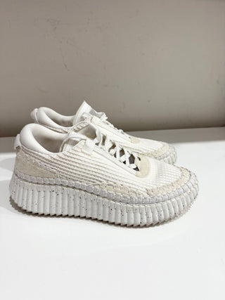 Chloe Nama Embroidered Suede/Recycled Mesh Chunky Platform Sneakers White EU 40