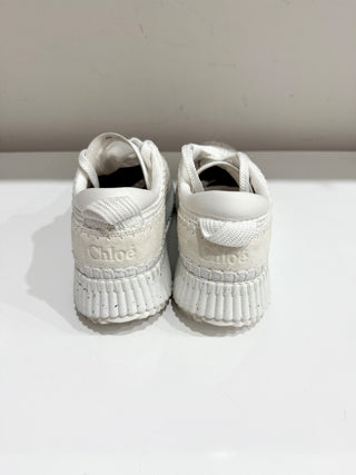 Chloe Nama Embroidered Suede/Recycled Mesh Chunky Platform Sneakers White EU 40