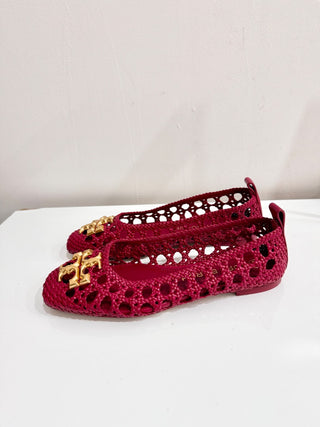 Tory Burch Eleanor Woven Leather Square Toe Ballet Flat Shoes Red Women's Size 9
