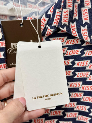 NWT La Prestic Ouiston Love Kiss Henley Polo Shirt Blue/Pink Women's Size 1 / S