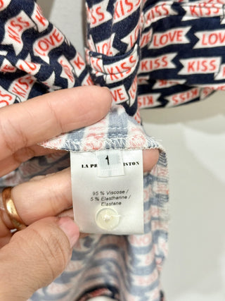 NWT La Prestic Ouiston Love Kiss Henley Polo Shirt Blue/Pink Women's Size 1 / S