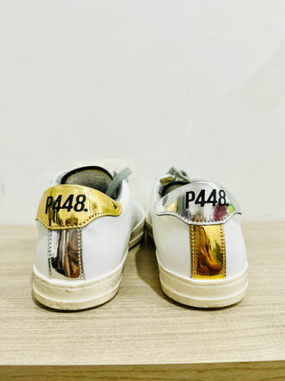 P448 John Perforated Leather Low Top Sneakers White / Gold Women's Size 6.5