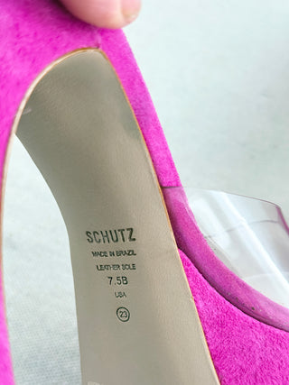 Schutz platform mule heels crafted in suede featuring PVC vamp strap, chunky platform sole, 7.5