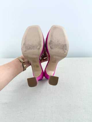 Schutz platform mule heels crafted in suede featuring PVC vamp strap, chunky platform sole, 7.5