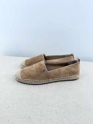 Ralph Lauren espadrille flats in suede with traditional jute-wrapped sole and embroidered LR monogram detail, 5