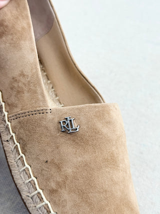 Ralph Lauren espadrille flats in suede with traditional jute-wrapped sole and embroidered LR monogram detail, 5