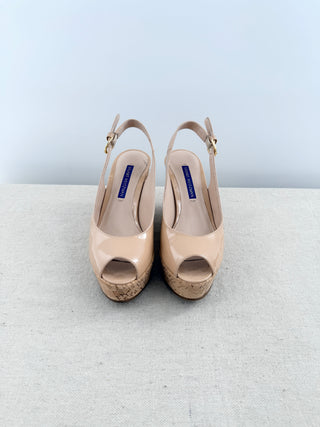 Stuart Weitzman patent leather wedge sandals featuring peep-toe, adjustable slingback straps, and cork-covered platform wedge, 5