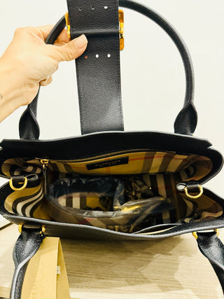 NWT Burberry Large Black Grained Leather Tote Handbag with Buckle