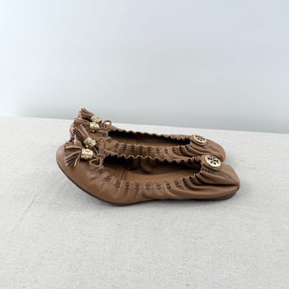 Tory Burch Reva Scrunch Leather Slip On Ballet Flats Brown Women's Size US 9