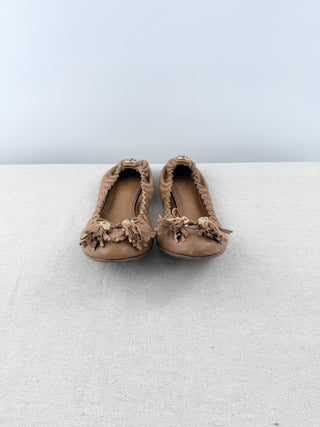 Tory Burch Reva Scrunch Leather Slip On Ballet Flats Brown Women's Size US 9