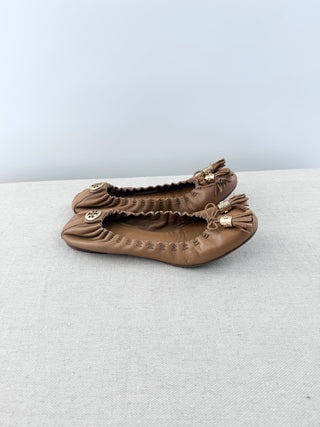 Tory Burch Reva Scrunch Leather Slip On Ballet Flats Brown Women's Size US 9